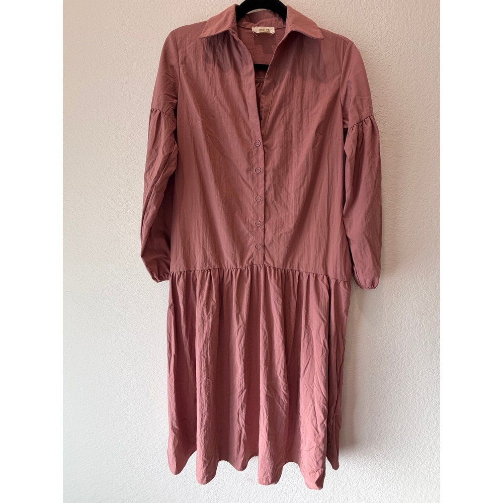 Maeve by Anthropologie Mauve Pink Drop Waist Shirt Dress Puff Sleeve Midi XS